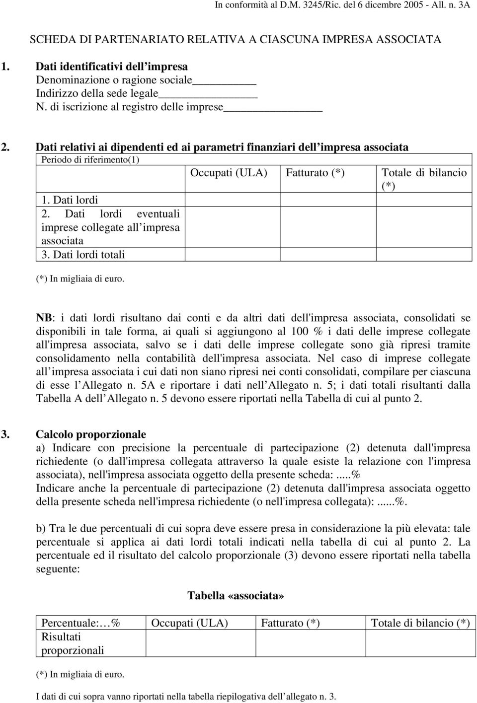 Dati relativi ai dipendenti ed ai parametri finanziari dell impresa associata Periodo di riferimento(1) Occupati (ULA) Fatturato (*) di bilancio (*) 1. Dati lordi 2.