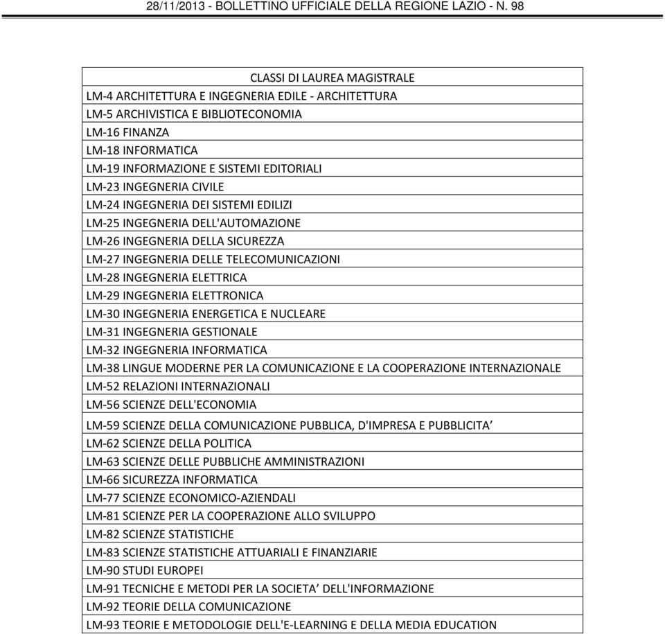INGEGNERIA ELETTRONICA LM 30 INGEGNERIA ENERGETICA E NUCLEARE LM 31 INGEGNERIA GESTIONALE LM 32 INGEGNERIA INFORMATICA LM 38 LINGUE MODERNE PER LA COMUNICAZIONE E LA COOPERAZIONE INTERNAZIONALE LM 52
