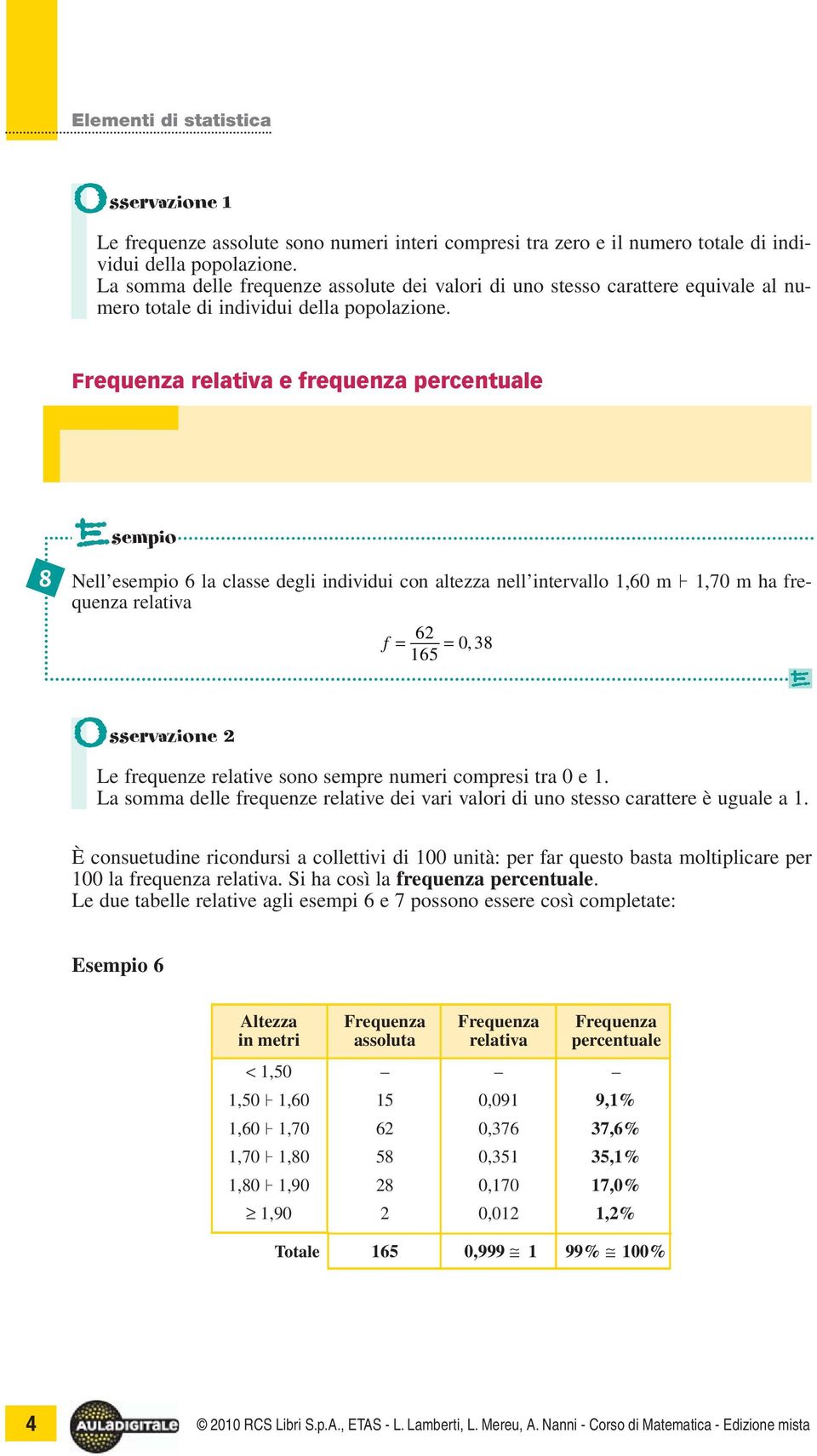 Frequenza relativa e frequenza percentuale DEFINIZIONE Si dice frequenza relativa di un valore, o di un intervallo di valori, di un carattere in una popolazione il quoziente tra la frequenza assoluta