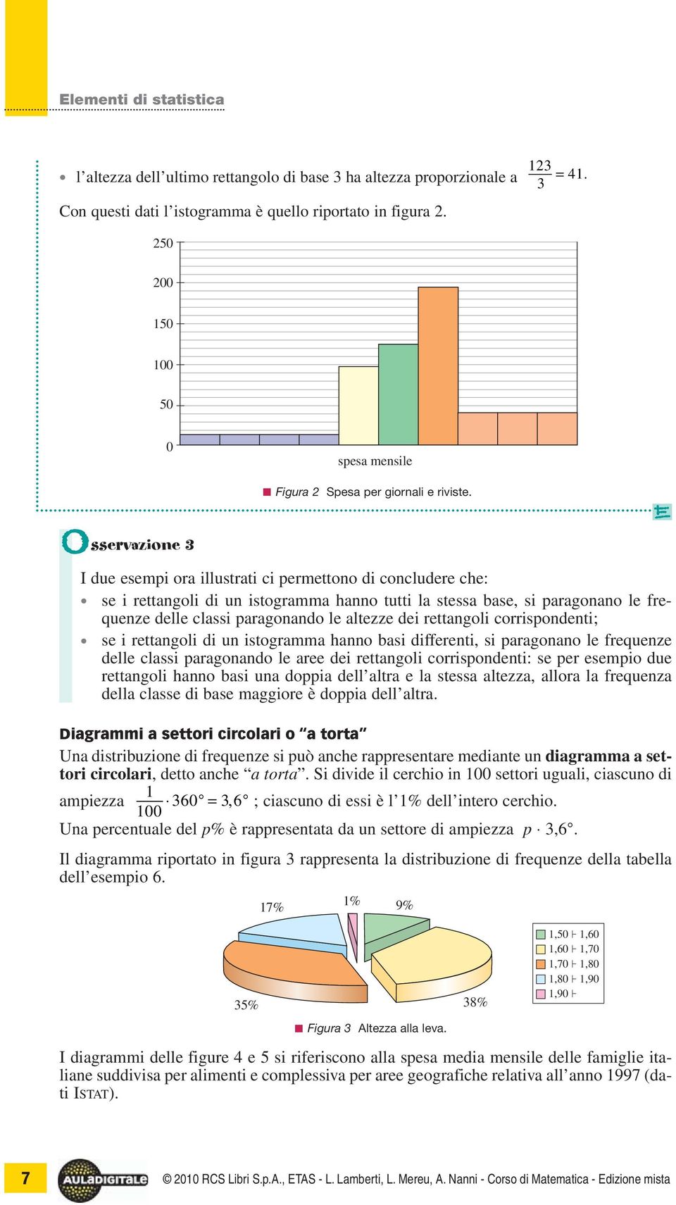 Osservazione 3 I due esempi ora illustrati ci permettono di concludere che: se i rettangoli di un istogramma hanno tutti la stessa base, si paragonano le frequenze delle classi paragonando le altezze