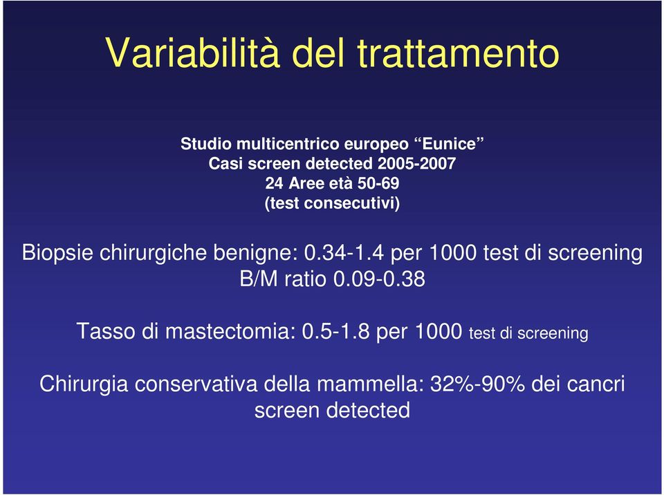 4 per 1000 test di screening B/M ratio 0.09-0.38 Tasso di mastectomia: 0.5-1.