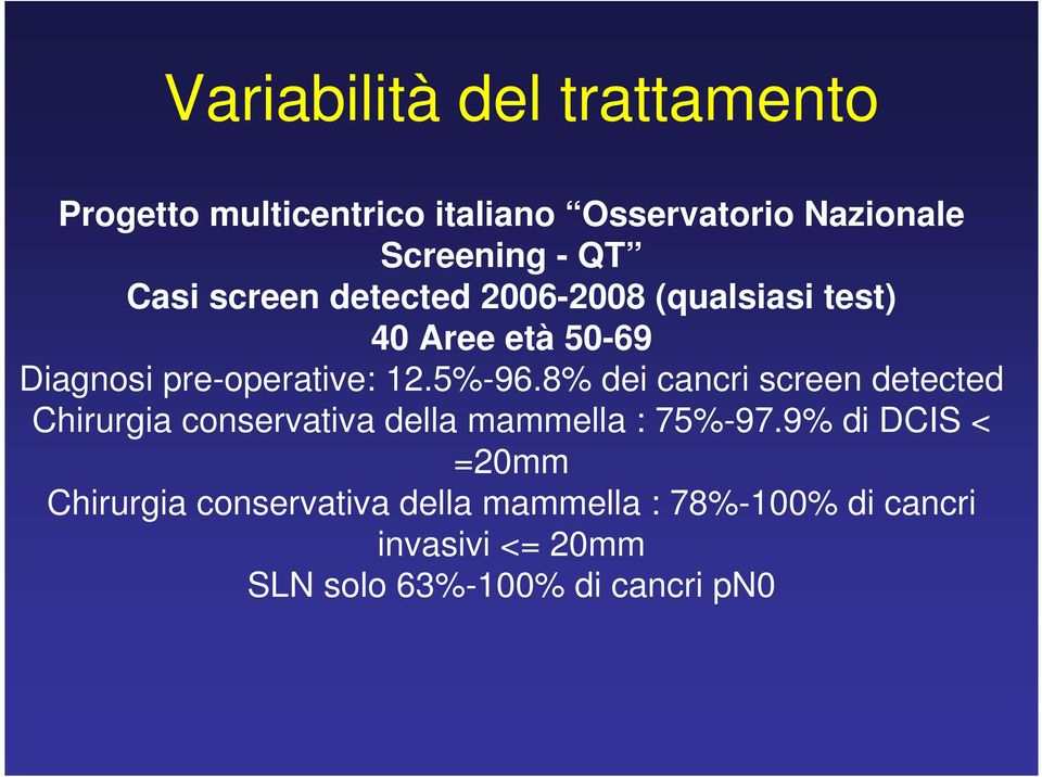 8% dei cancri screen detected Chirurgia conservativa della mammella : 75%-97.