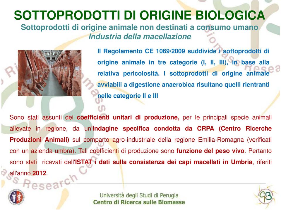 I sottoprodotti di origine animale avviabili a digestione anaerobica risultano quelli rientranti nelle categorie II e III Sono stati assunti dei coefficienti unitari di produzione, per le principali