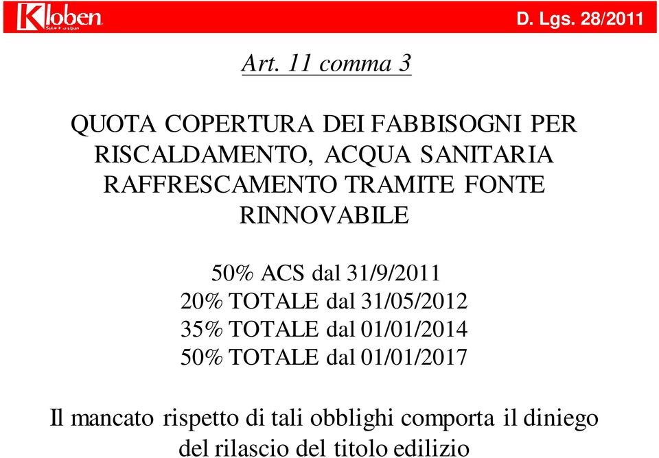 RAFFRESCAMENTO TRAMITE FONTE RINNOVABILE 50% ACS dal 31/9/2011 20% TOTALE dal