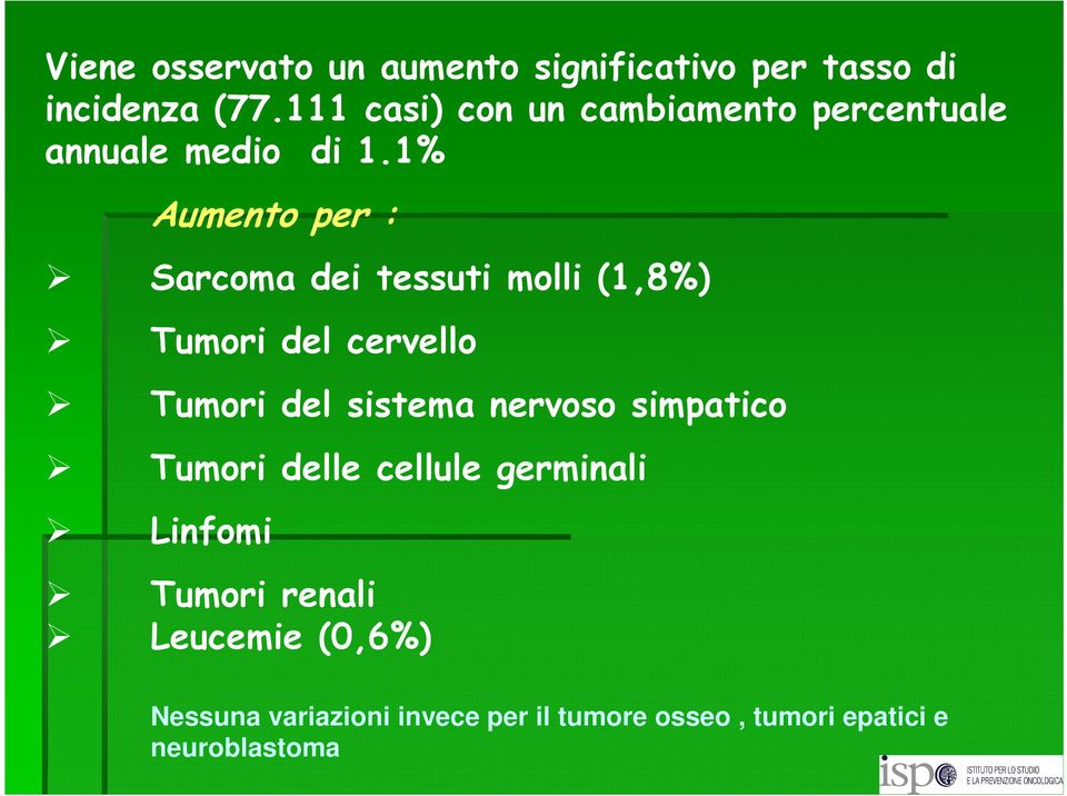 1% Aumento per : Sarcoma dei tessuti molli (1,8%) Tumori del cervello Tumori del sistema