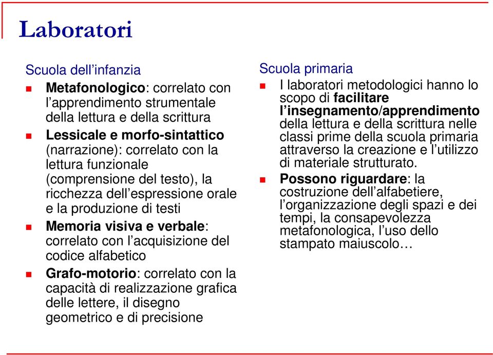 con la capacità di realizzazione grafica delle lettere, il disegno geometrico e di precisione I laboratori metodologici hanno lo scopo di facilitare l insegnamento/apprendimento della lettura e della