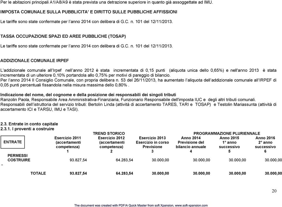 TASSA OCCUPAZIONE SPAZI ED AREE PUBBLICHE (TOSAP) Le tariffe sono state confermate per l anno 2014 con delibera di G.C. n. 101 del 12/11/2013.