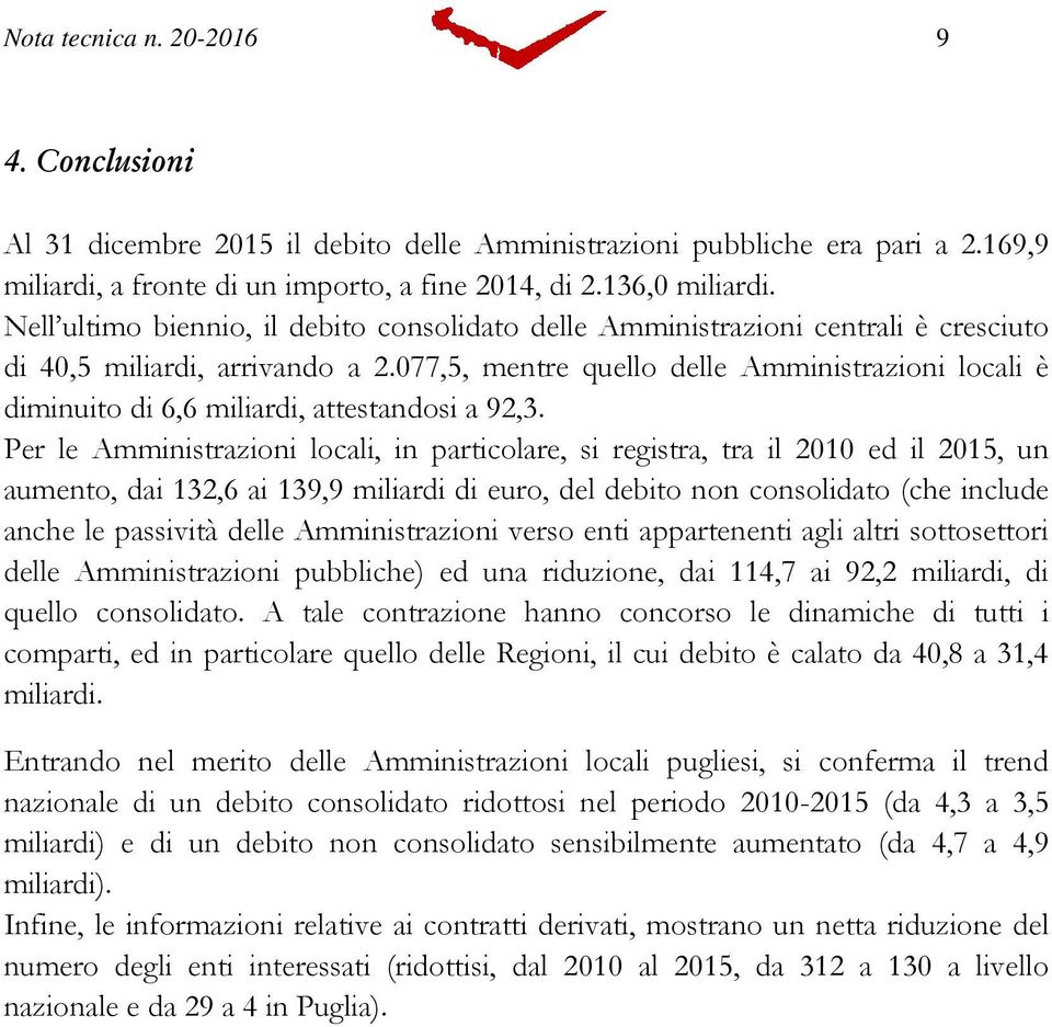 077,5, mentre quello delle Amministrazioni locali è diminuito di 6,6 miliardi, attestandosi a 92,3.