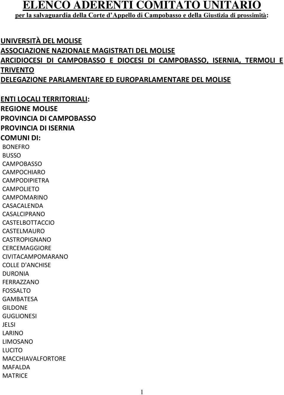 PROVINCIA DI CAMPOBASSO PROVINCIA DI ISERNIA COMUNI DI: BONEFRO BUSSO CAMPOBASSO CAMPOCHIARO CAMPODIPIETRA CAMPOLIETO CAMPOMARINO CASACALENDA CASALCIPRANO CASTELBOTTACCIO CASTELMAURO