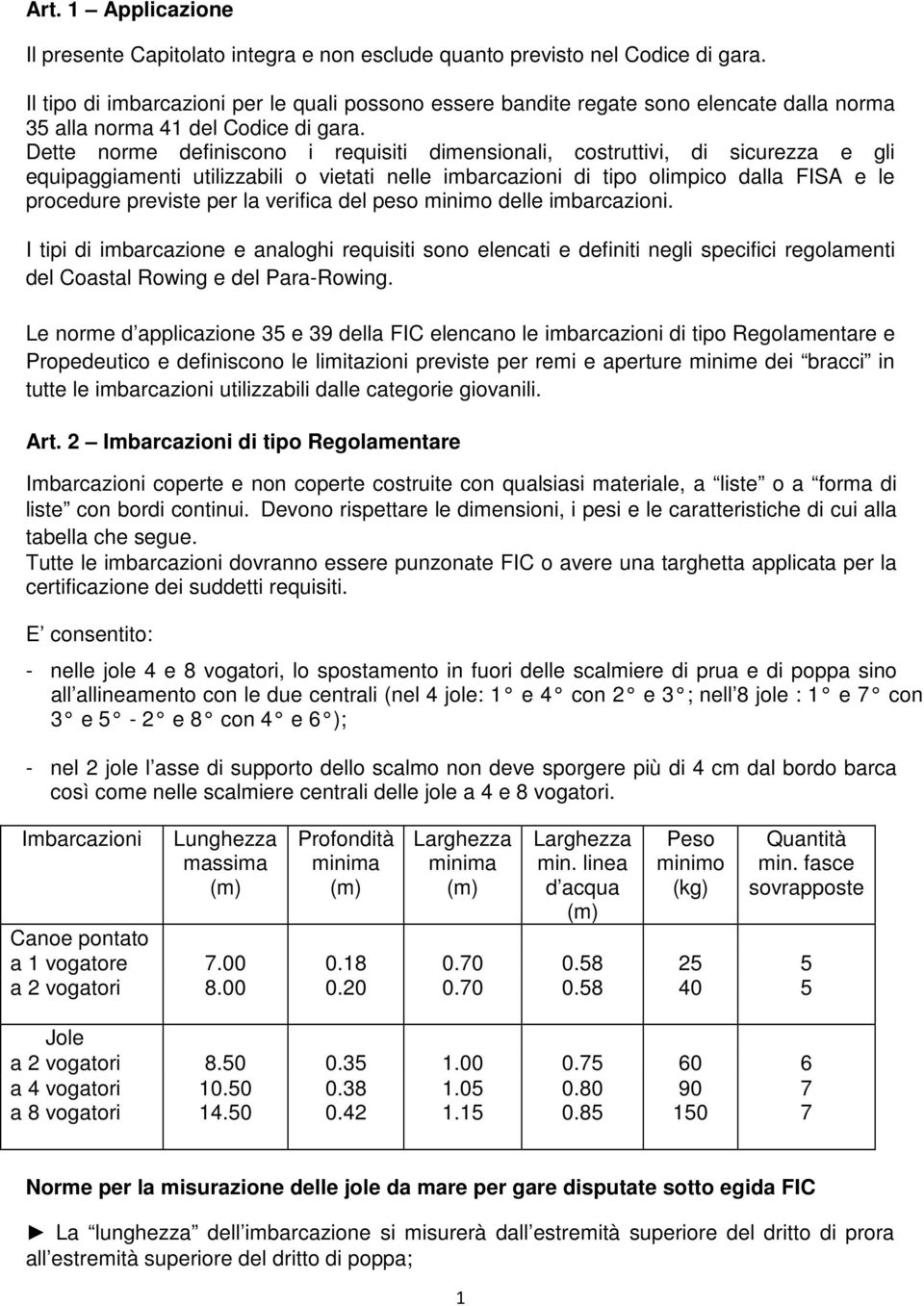 Dette norme definiscono i requisiti dimensionali, costruttivi, di sicurezza e gli equipaggiamenti utilizzabili o vietati nelle imbarcazioni di tipo olimpico dalla FISA e le procedure previste per la