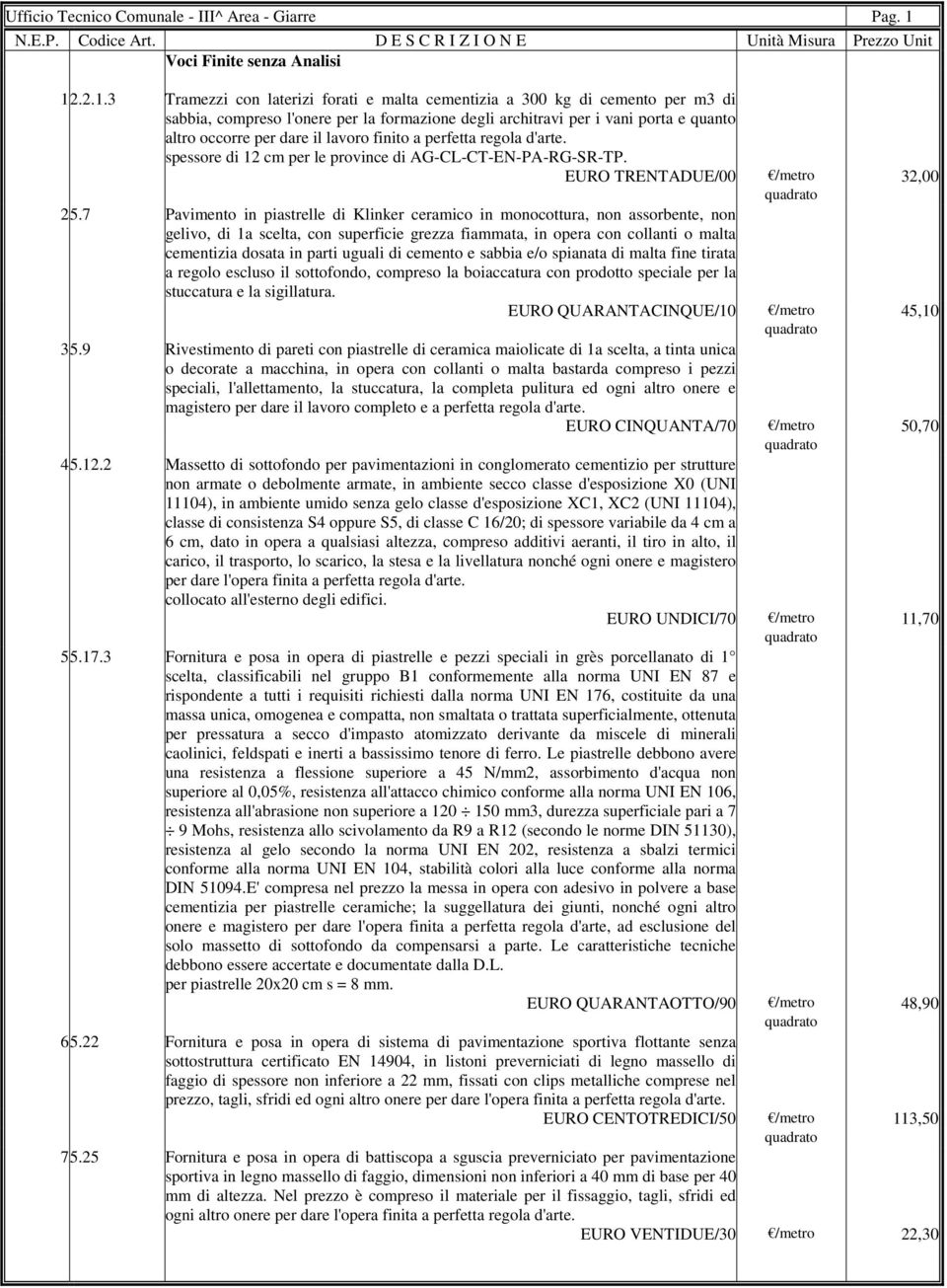 .2.1.3 Tramezzi con laterizi forati e malta cementizia a 300 kg di cemento per m3 di sabbia, compreso l'onere per la formazione degli architravi per i vani porta e quanto altro occorre per dare il