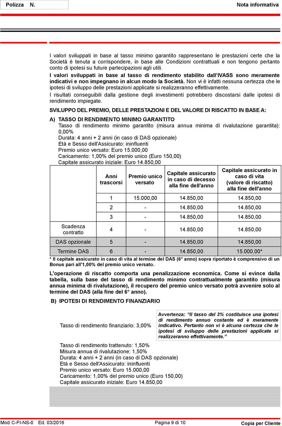 I valori sviluppati in base al tasso di rendimento stabilito dall IVASS sono meramente indicativi e non impegnano in alcun modo la Società.