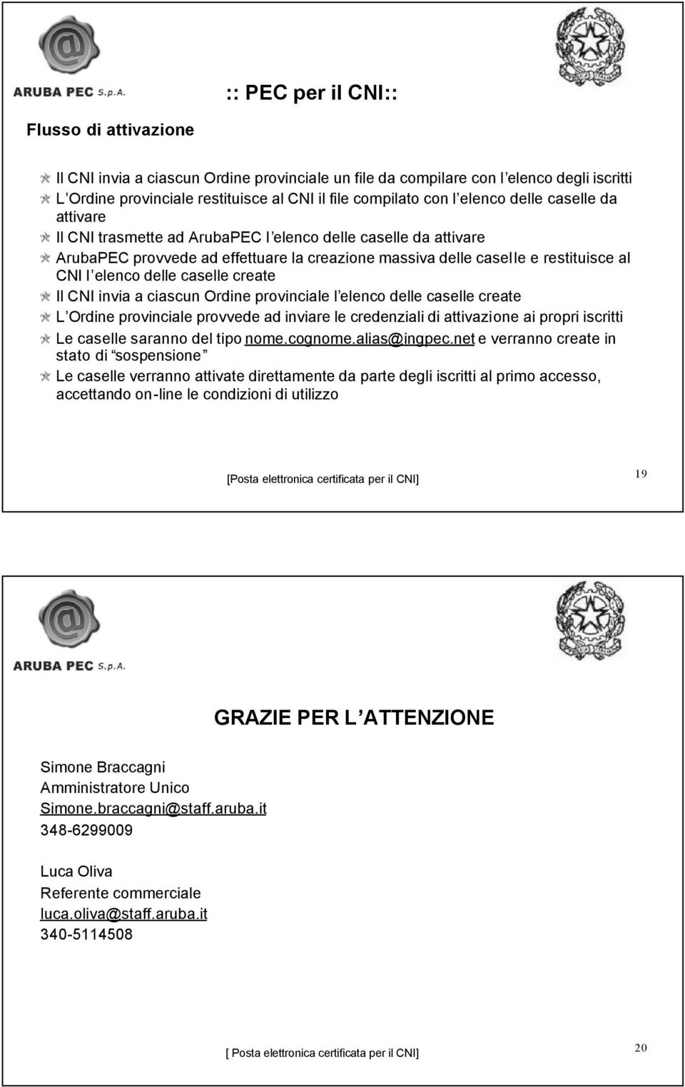 caselle create Il CNI invia a ciascun Ordine provinciale l elenco delle caselle create L Ordine provinciale provvede ad inviare le credenziali di attivazione ai propri iscritti Le caselle saranno del