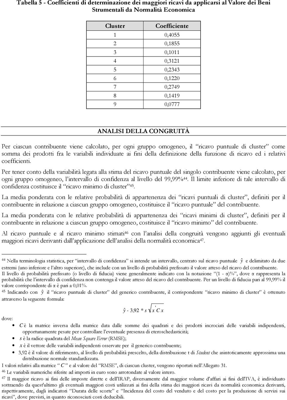 individuate ai fini della definizione della funzione di ricavo ed i relativi coefficienti.