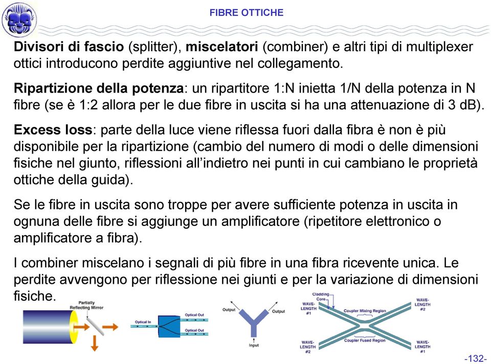 Excess loss: parte della luce viene riflessa fuori dalla fibra è non è più disponibile per la ripartizione (cambio del numero di modi o delle dimensioni fisiche nel giunto, riflessioni all indietro