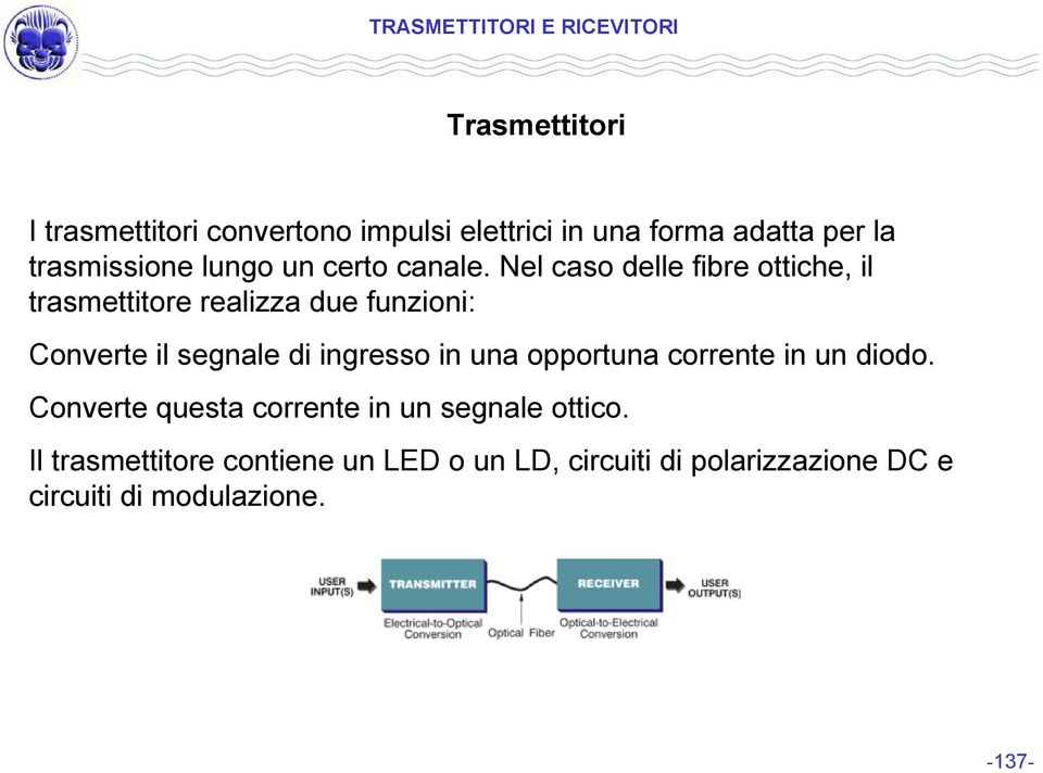 Nel caso delle fibre ottiche, il trasmettitore realizza due funzioni: Converte il segnale di ingresso in una