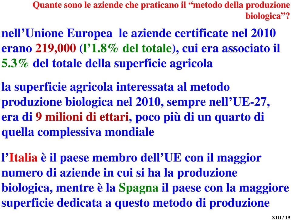 3% del totale della superficie agricola la superficie agricola interessata al metodo produzione biologica nel 2010, sempre nell UE-27, era di 9 milioni