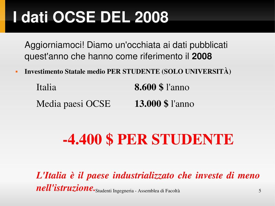 Investimento Statale medio PER STUDENTE (SOLO UNIVERSITÀ) Italia Media paesi OCSE 8.