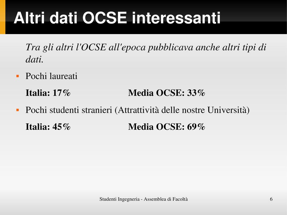 Pochi laureati Italia: 17% Media OCSE: 33% Pochi studenti stranieri