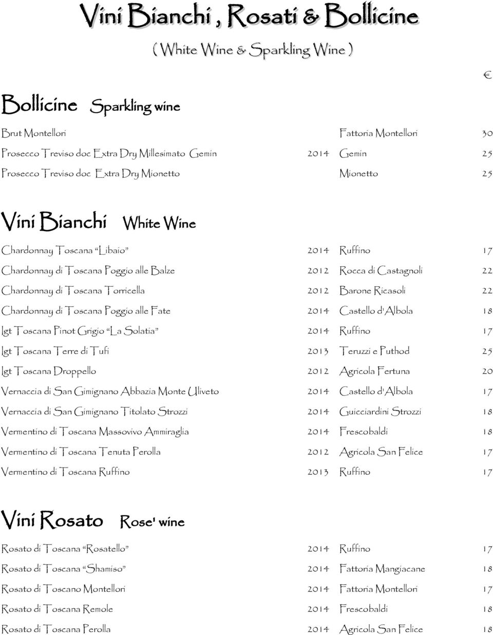 Toscana Torricella 2012 Barone Ricasoli 22 Chardonnay di Toscana Poggio alle Fate 2014 Castello d'albola 18 Igt Toscana Pinot Grigio La Solatia 2014 Ruffino 17 Igt Toscana Terre di Tufi 2013 Teruzzi