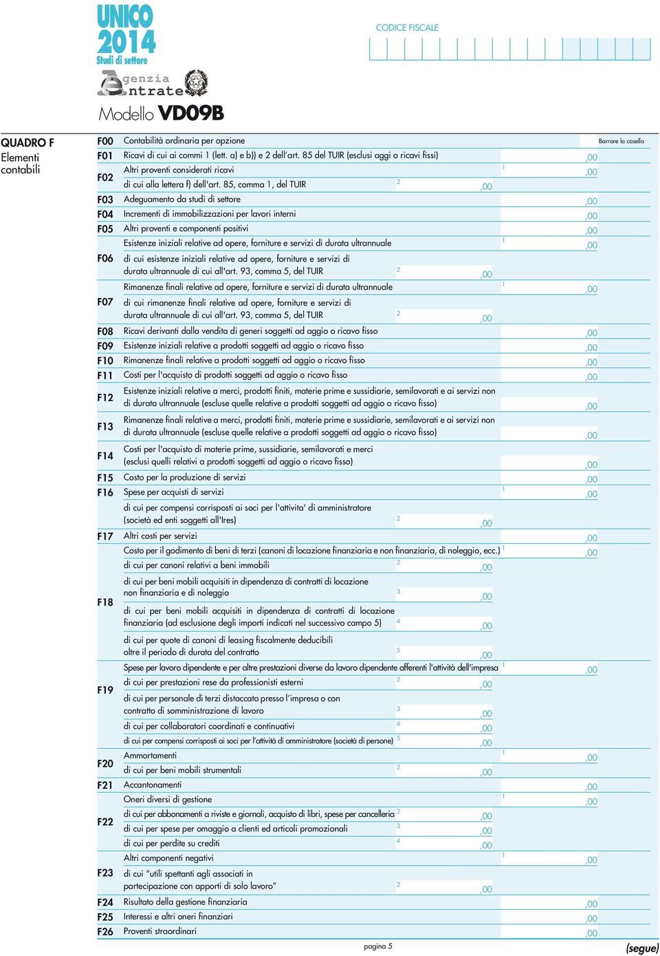 85, comma, del TUIR F03 Adeguamento da studi di settore F04 Incrementi di immobilizzazioni per lavori interni F05 Altri proventi e componenti positivi Esistenze iniziali relative ad opere, forniture