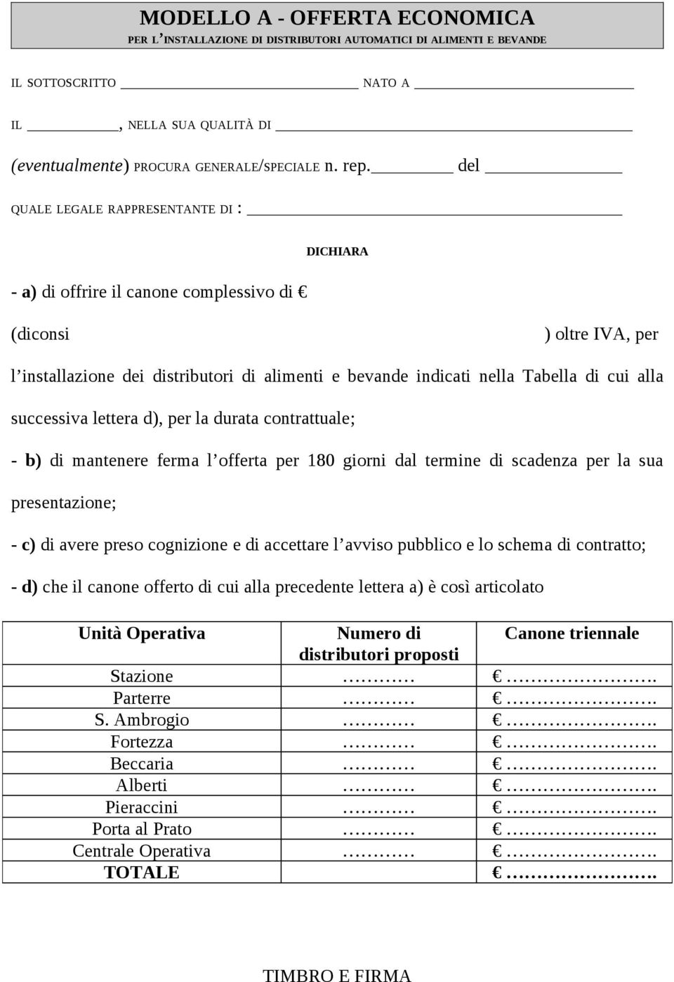 alla successiva lettera d), per la durata contrattuale; - b) di mantenere ferma l offerta per 180 giorni dal termine di scadenza per la sua presentazione; - c) di avere preso cognizione e di