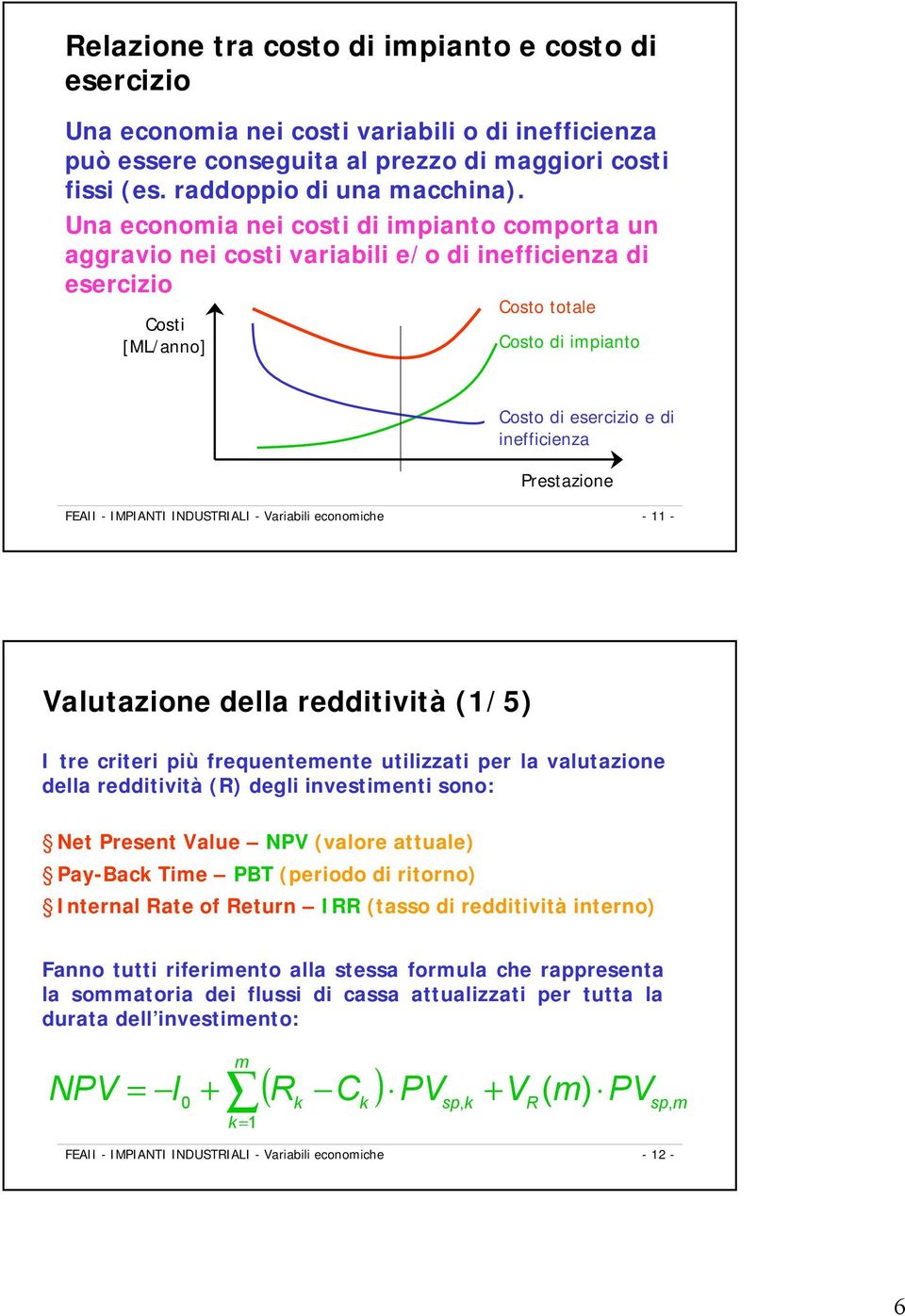 Prestazione FEAII - IMPIANTI INDUSTRIALI - Variabili economiche -11 - Valutazione della redditività (1/5) I tre criteri più frequentemente utilizzati per la valutazione della redditività (R) degli