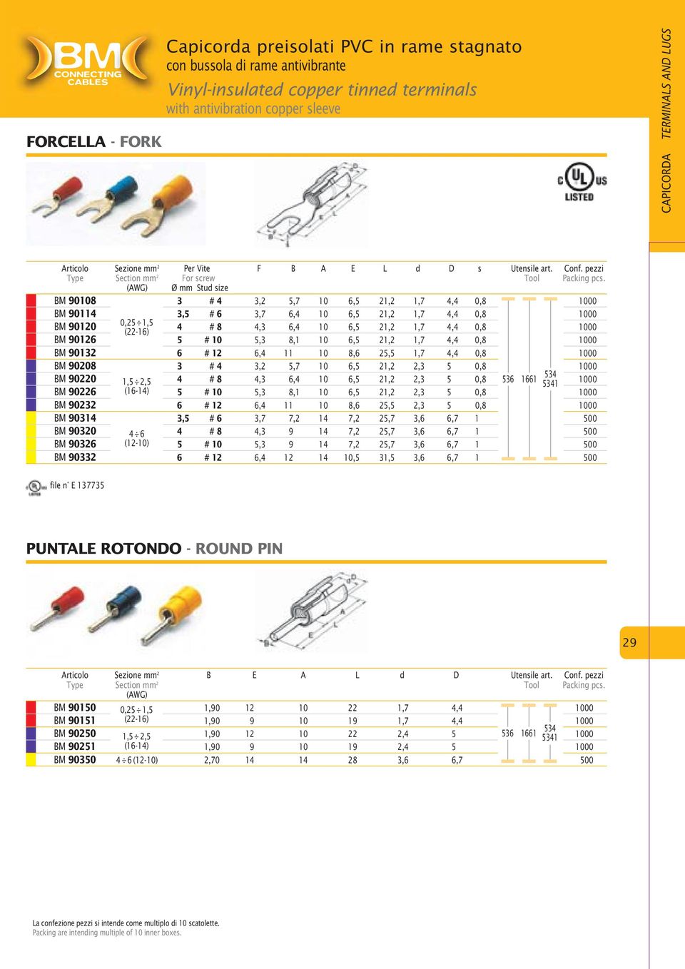 (AWG) Ø mm Stud size BM 90108 3 # 4 3,2 5,7 10 6,5 21,2 1,7 4,4 0,8 0 BM 90114 3,5 # 6 3,7 6,4 10 6,5 21,2 1,7 4,4 0,8 0 BM 90120 0,25 1,5 4 # 8 4,3 6,4 10 6,5 21,2 1,7 4,4 0,8 0 (22-16) BM 90126 5 #