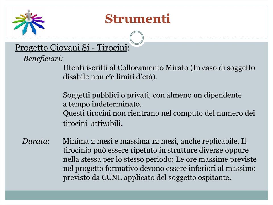 Questi tirocini non rientrano nel computo del numero dei tirocini attivabili. Durata: Minima 2 mesi e massima 12 mesi, anche replicabile.