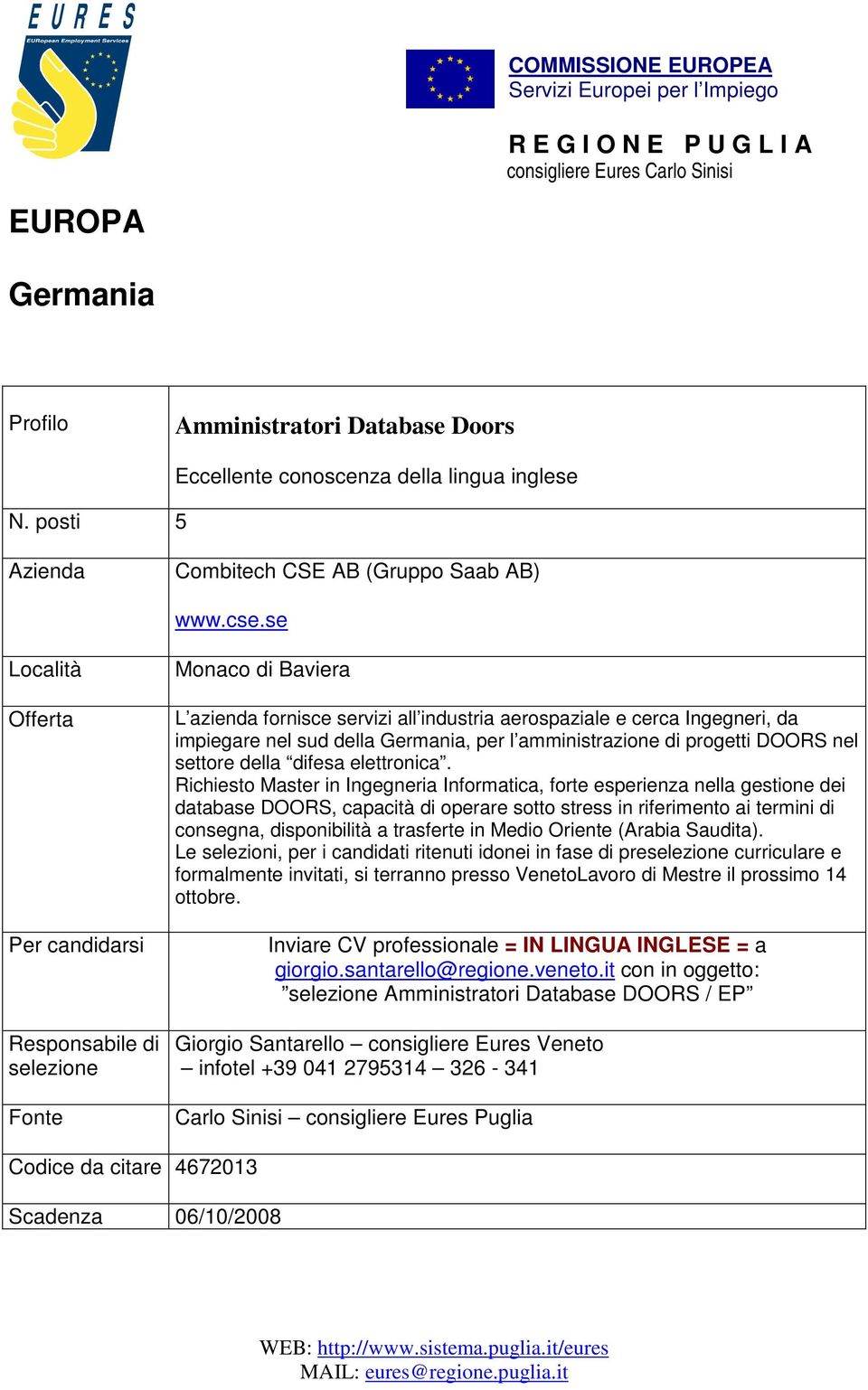 amministrazione di progetti DOORS nel settore della difesa elettronica.