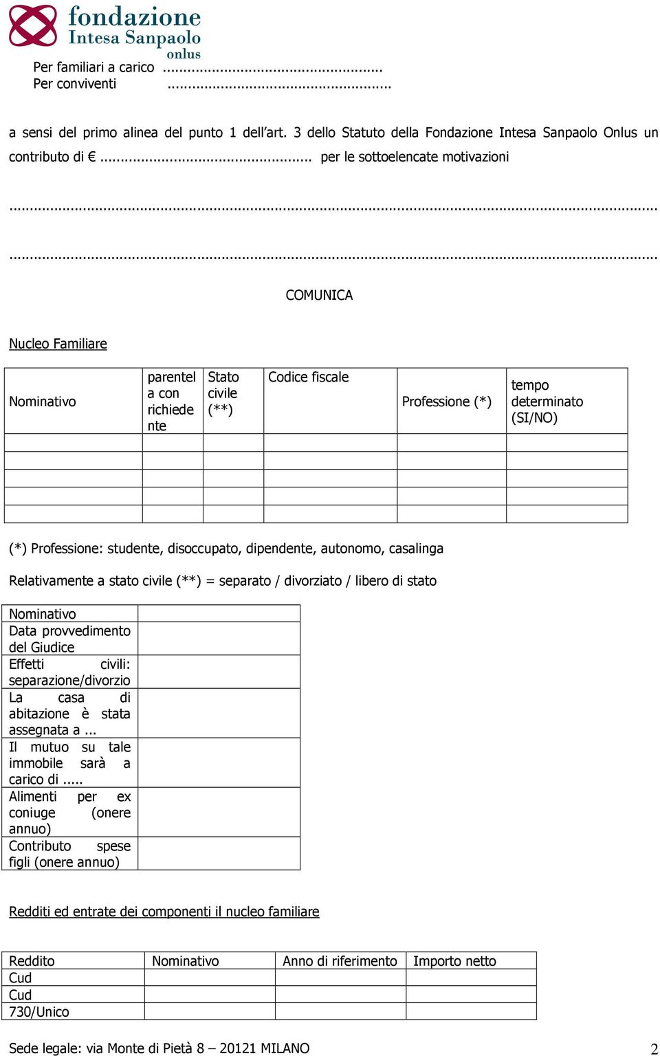 casalinga Relativamente a stato civile (**) = separato / divorziato / libero di stato Data provvedimento del Giudice Effetti civili: separazione/divorzio La casa di abitazione è stata assegnata a.