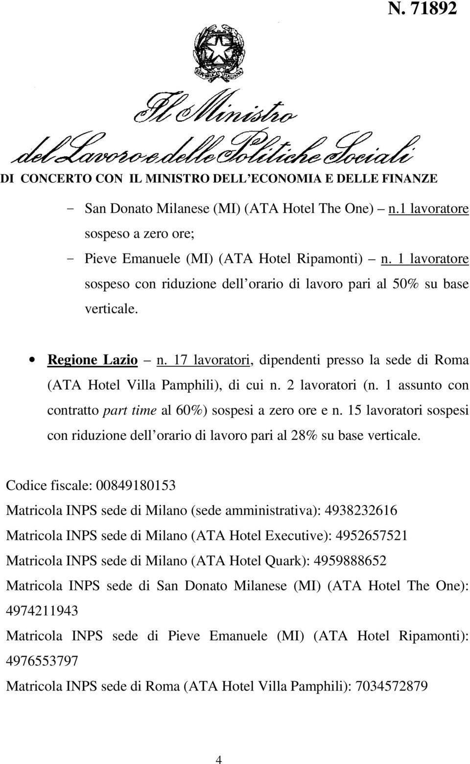 2 lavoratori (n. 1 assunto con contratto part time al 60%) sospesi a zero ore e n. 15 lavoratori sospesi con riduzione dell orario di lavoro pari al 28% su base verticale.