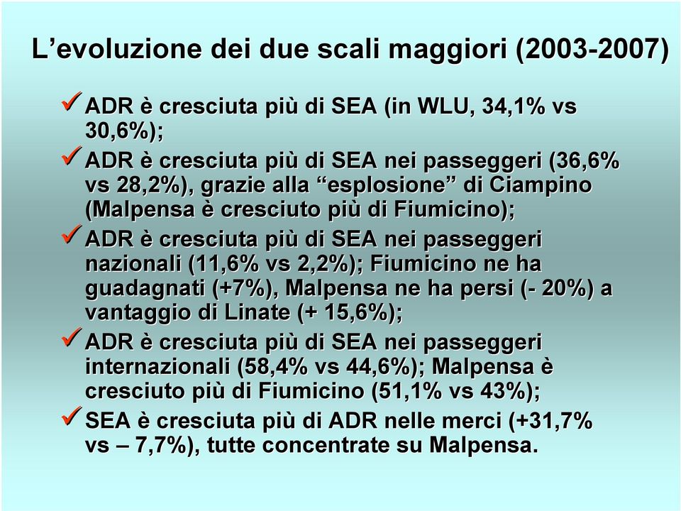 Fiumicino ne ha guadagnati (+7%), Malpensa ne ha persi (-( 20%) a vantaggio di Linate (+ 15,6%); ADR è cresciuta più di SEA nei passeggeri internazionali