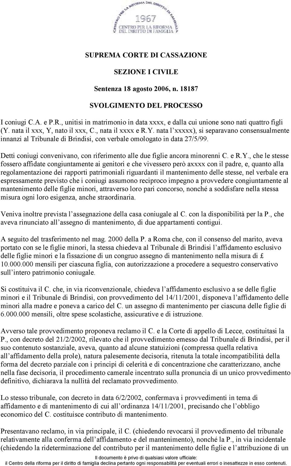 Detti coniugi convenivano, con riferimento alle due figlie ancora minorenni C. e R.Y.