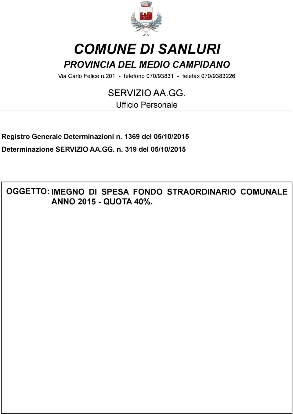 Ufficio Personale Registro Generale Determinazioni n.