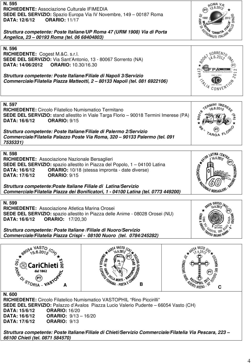 30 Struttura competente: Poste Italiane/Filiale di Napoli 3/Servizio Commerciale/Filatelia Piazza Matteotti, 2 80133 Napoli (tel. 081 6922106) N.