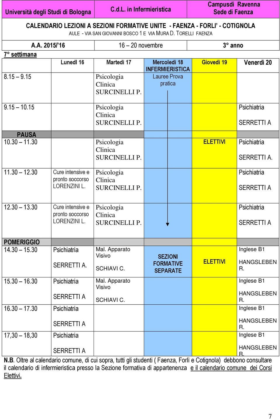 NZA A.A. 2015/ 16 16 20 novembre 3 anno 7 settimana LunedI 16 Martedì 17 Mercoledì 18 Giovedì 19