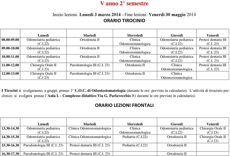 00 Odontoiatria pediatrica Ortodonzia II Clinica Odontoiatria pediatrica Protesi dentaria III (C.I. 23) 10.00-11.