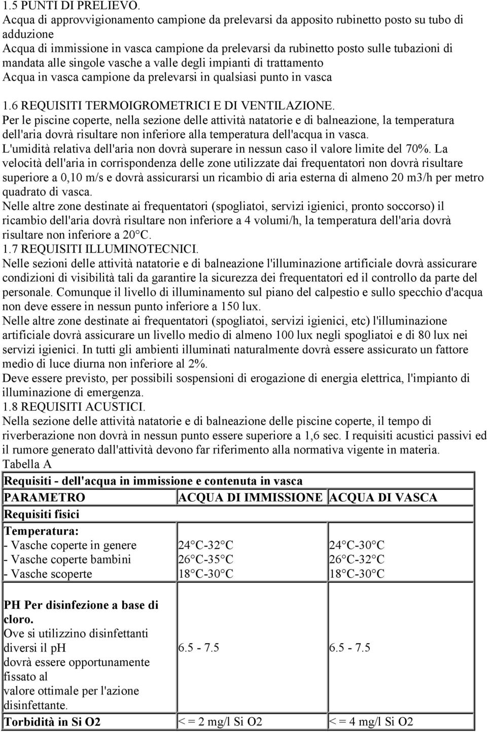 alle singole vasche a valle degli impianti di trattamento Acqua in vasca campione da prelevarsi in qualsiasi punto in vasca 1.6 REQUISITI TERMOIGROMETRICI E DI VENTILAZIONE.