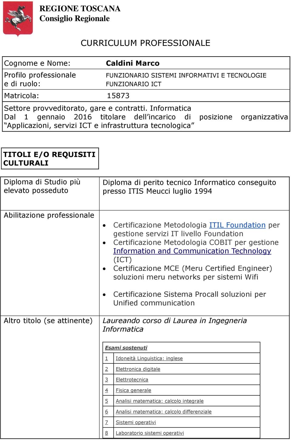 Informatica Dal 1 gennaio 2016 titolare dell incarico di posizione organizzativa Applicazioni, servizi ICT e infrastruttura tecnologica TITOLI E/O REQUISITI CULTURALI Diploma di Studio più elevato