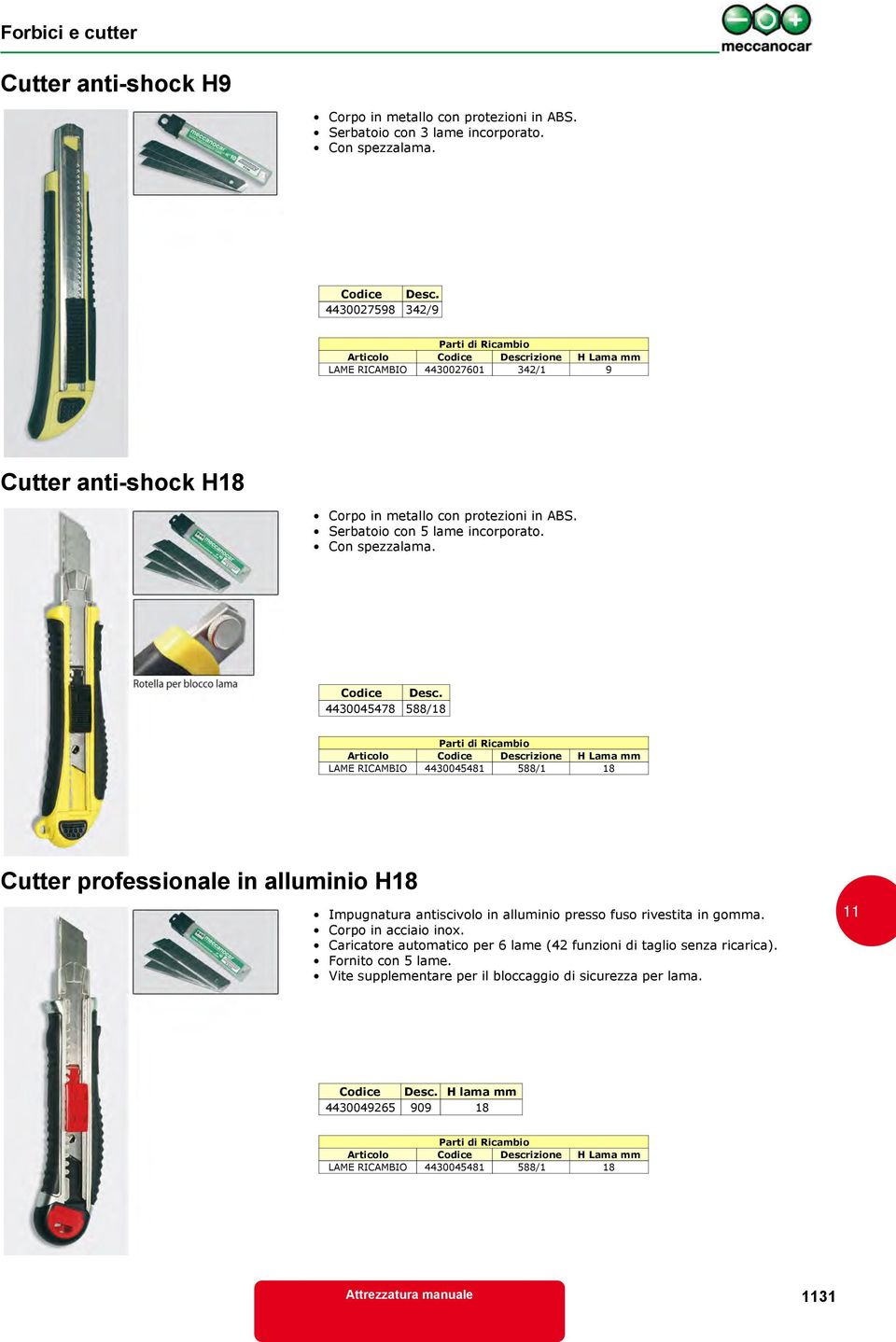 4430045478 588/18 LAME RICAMBIO 4430045481 588/1 18 Cutter professionale in alluminio H18 Impugnatura antiscivolo in alluminio presso fuso rivestita in gomma.