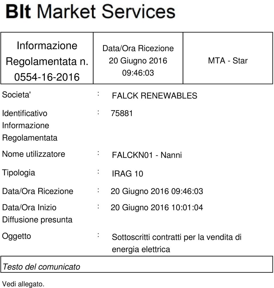 Informazione Regolamentata : 75881 Nome utilizzatore : FALCKN01 - Nanni Tipologia : IRAG 10 Data/Ora Ricezione