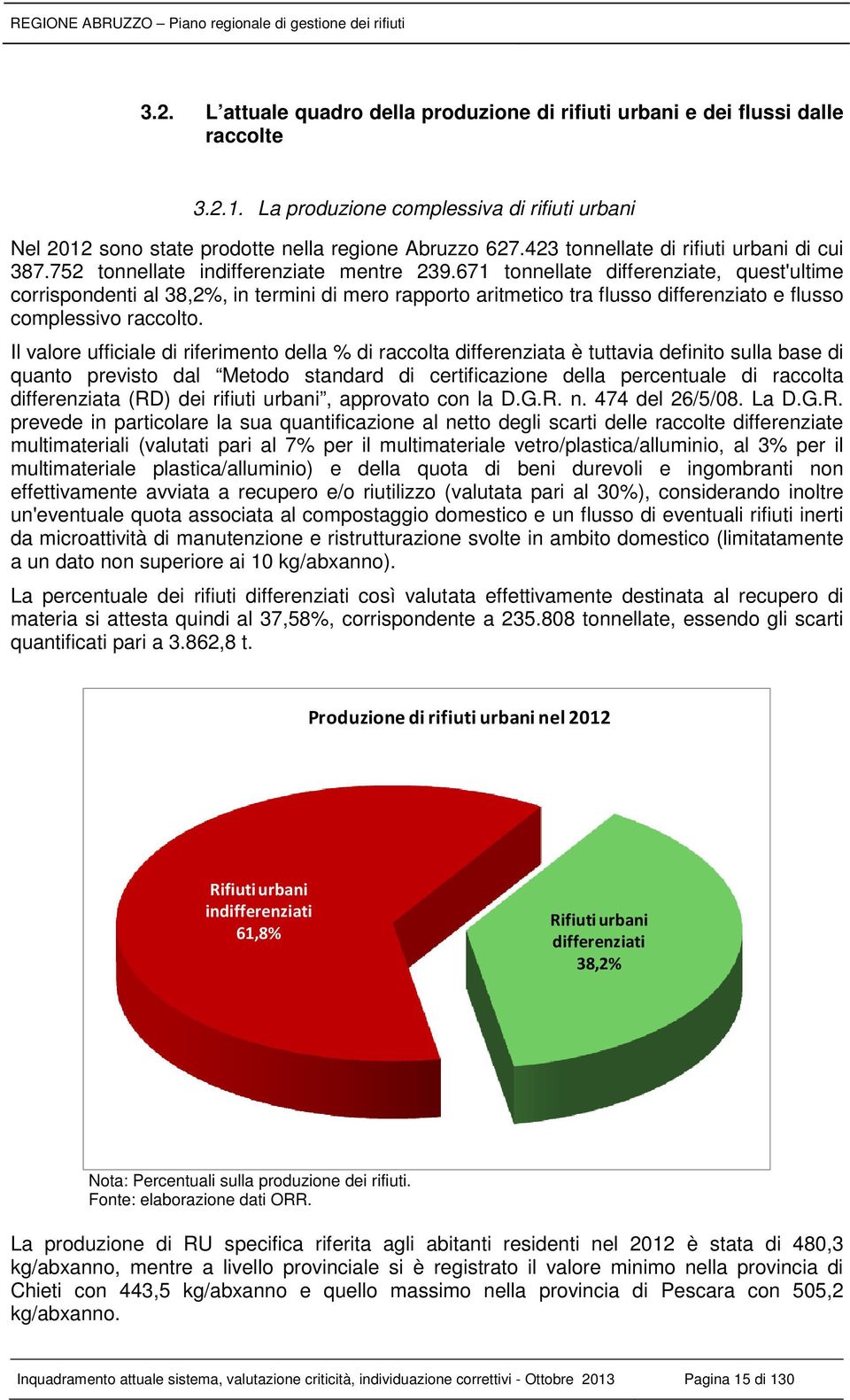 671 tonnellate differenziate, quest'ultime corrispondenti al 38,2%, in termini di mero rapporto aritmetico tra flusso differenziato e flusso complessivo raccolto.