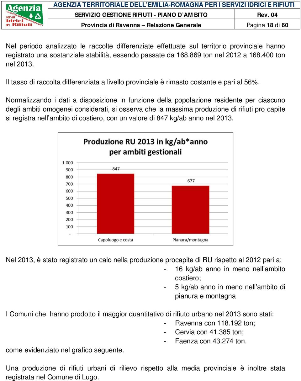 Normalizzando i dati a disposizione in funzione della popolazione residente per ciascuno degli ambiti omogenei considerati, si osserva che la massima produzione di rifiuti pro capite si registra nell