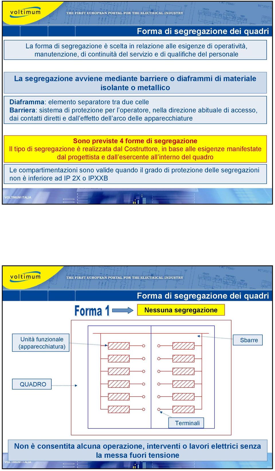 accesso, dai contatti diretti e dall effetto dell arco delle apparecchiature Sono previste 4 forme di segregazione Il tipo di segregazione è realizzata dal Costruttore, in base alle esigenze