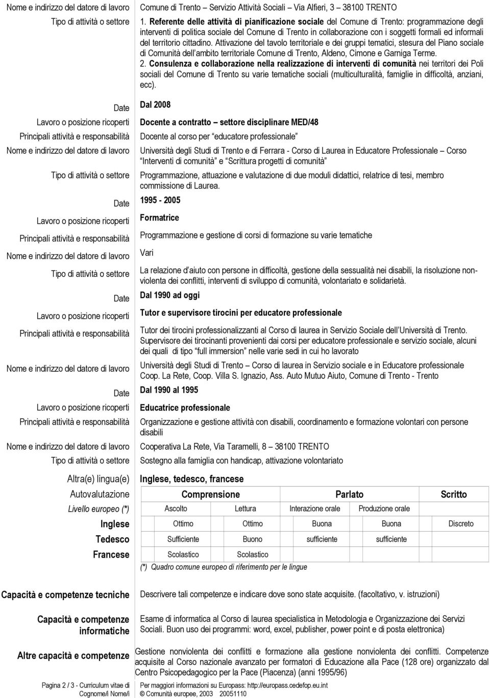 del territorio cittadino. Attivazione del tavolo territoriale e dei gruppi tematici, stesura del Piano sociale di Comunità dell ambito territoriale Comune di Trento, Aldeno, Cimone e Garniga Terme. 2.