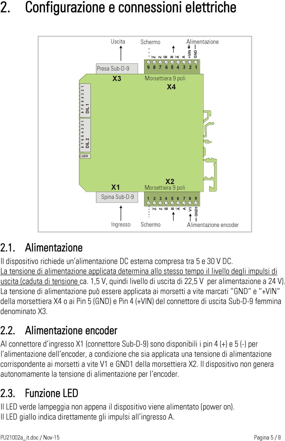 La tensione di alimentazione applicata determina allo stesso tempo il livello degli impulsi di uscita (caduta di tensione ca.,5 V, quindi livello di uscita di 22,5 V per alimentazione a 24 V).