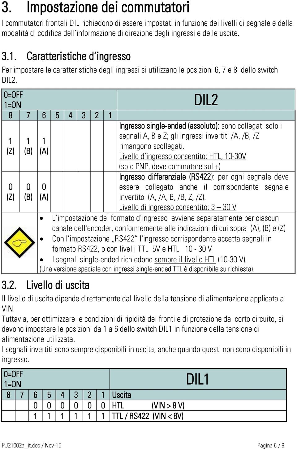 =ON 8 7 6 5 4 3 2 () 0 () () 0 () () 0 () DIL2 Ingresso single-ended (assoluto): sono collegati solo i segnali, e ; gli ingressi invertiti /, /, / rimangono scollegati.