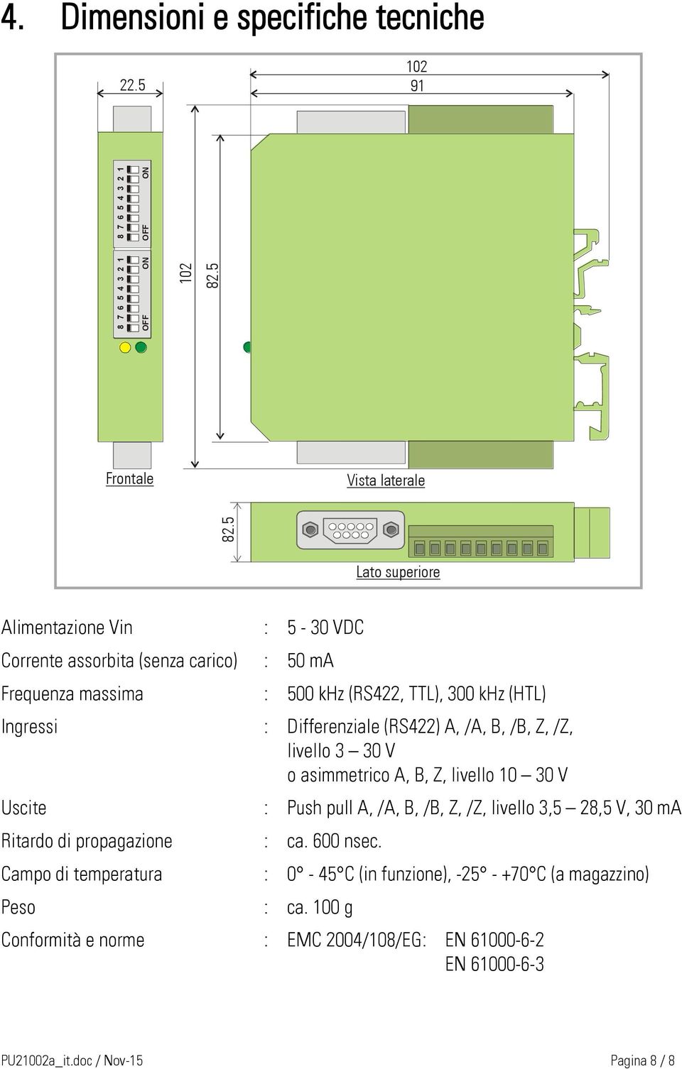 Differenziale (RS422), /,, /,, /, livello 3 30 V o asimmetrico,,, livello 0 30 V Uscite : Push pull, /,, /,, /, livello 3,5 28,5 V, 30 m Ritardo di