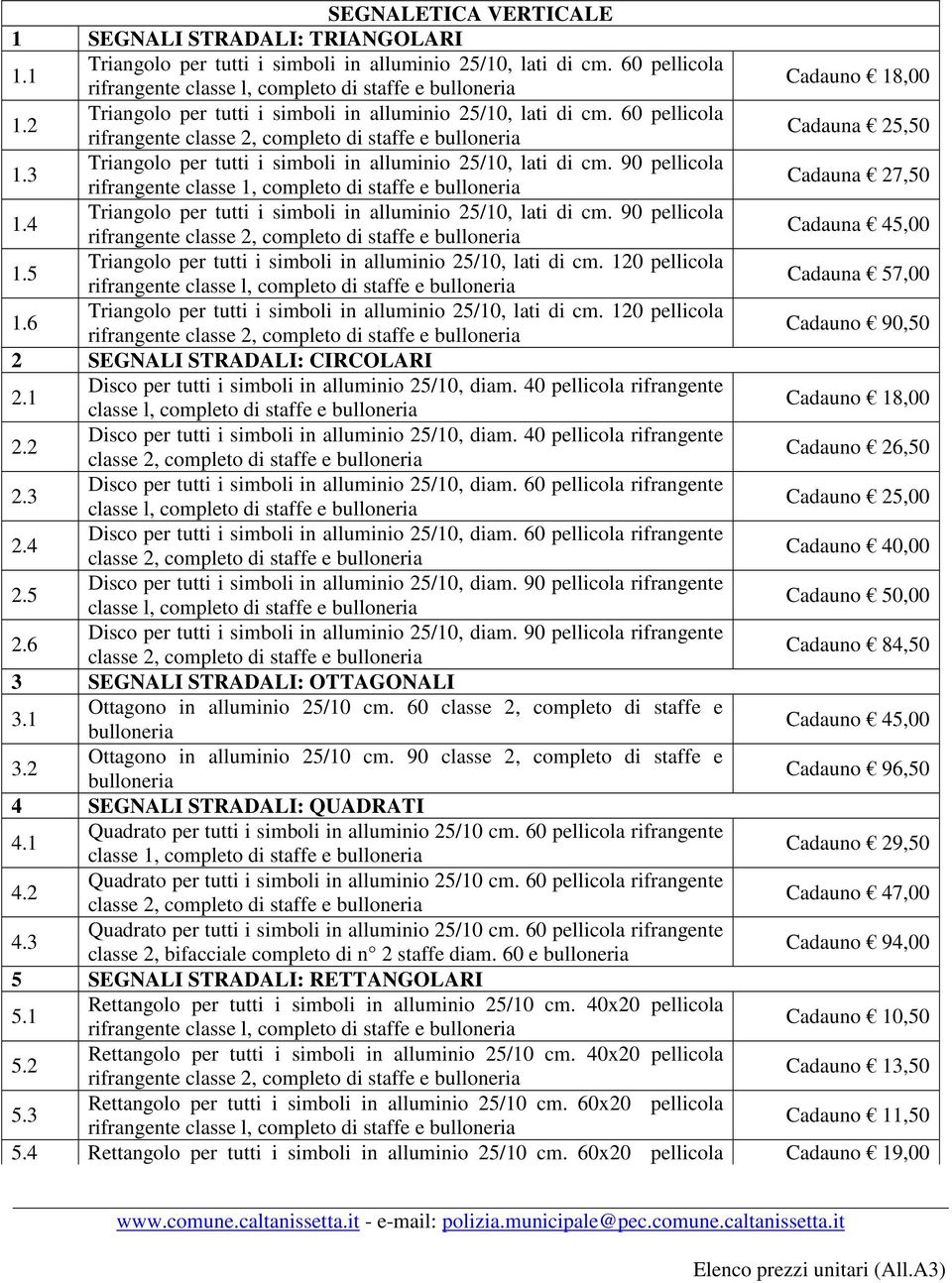 90 pellicola rifrangente classe 1, Cadauna 27,50 1.4 Triangolo per tutti i simboli in alluminio 25/10, lati di cm. 90 pellicola Cadauna 45,00 1.